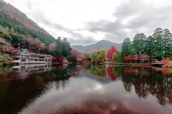 autumn bridge calm fall forest japanese lake