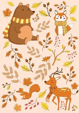 autumn design elements animals leaves icons colored cartoon