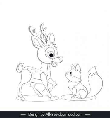 autumn design elements handrawn deer fox cartoon outline