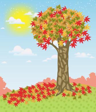 autumn drawing illustration with leaves and tree