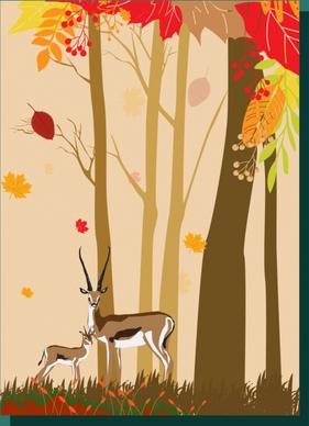 autumn forest drawing cartoon manner reindeer trees decoration