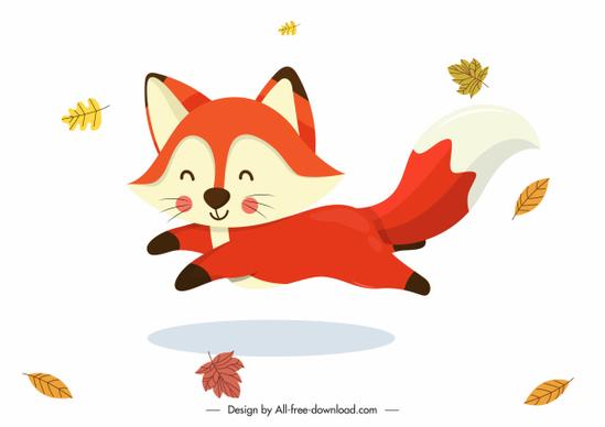 autumn icons joyful fox falling leaves cartoon design