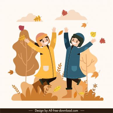 autumn painting active joyful friends falling leaves sketch