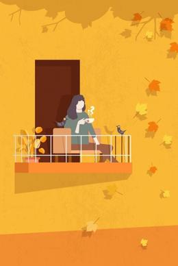 autumn painting relaxing woman falling leaves cartoon design