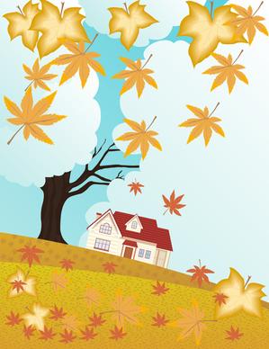 autumn scenery illustration with falling leaves and house