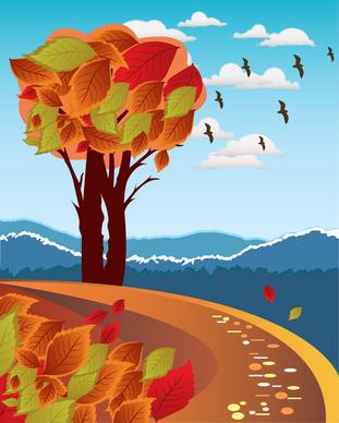 autumn scenery vector illustration with birds and leaves