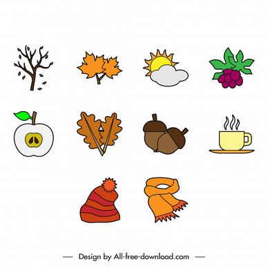 autumn season icons sets flat classical handdrawn outline 