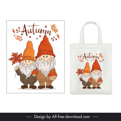 autumn tote bag template cute dwarfs handdrawn cartoon 