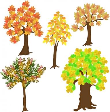 autumn trees icons colorful classical handdrawn sketch