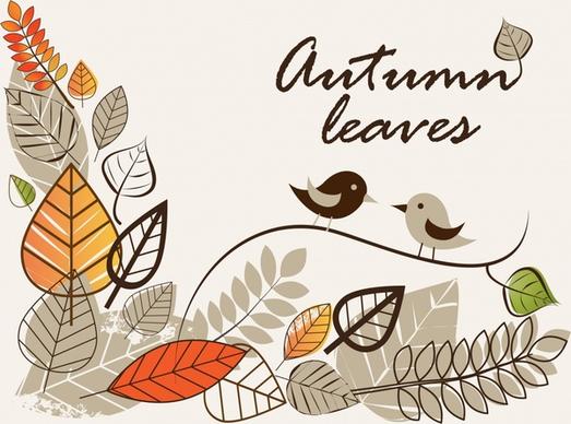 autumn background template handdrawn classic leaves birds sketch