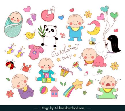 baby elements collection flat cute cartoon handdrawn