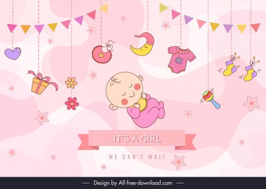 baby girl banner template cute cartoon hanging objects