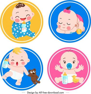 baby icons collection cute cartoon sketch circles isolation