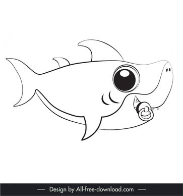 baby shark cartoon character icon flat black white handdrawn outline  