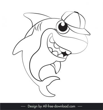 baby shark cartoon character icon funny design flat black white handdrawn outline