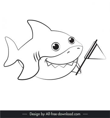 baby shark icon cute flat black white handdrawn cartoon outline 