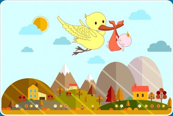 baby shower background carrying bird icon colored cartoon