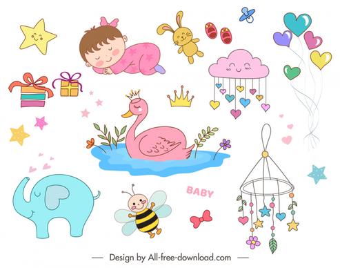baby shower design elements collection cute cartoon design 