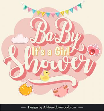 baby shower its a girl card cover template flat calligraphy ribbon kid elements decor