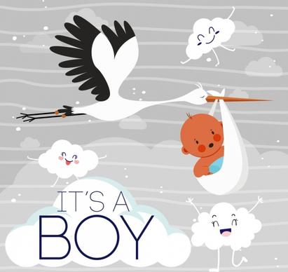 baby shower poster stylized clouds crane kid icons