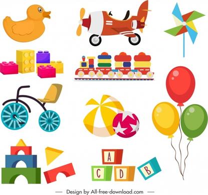 baby toys icons colorful flat 3d design