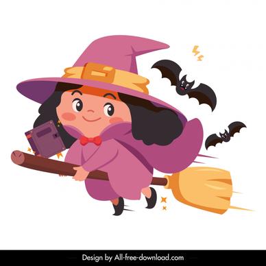 baby witch icon dynamic flying girl bats sketch cartoon design