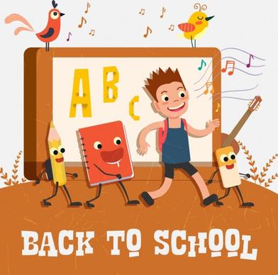 back to school banner schoolboy stylized tool icons