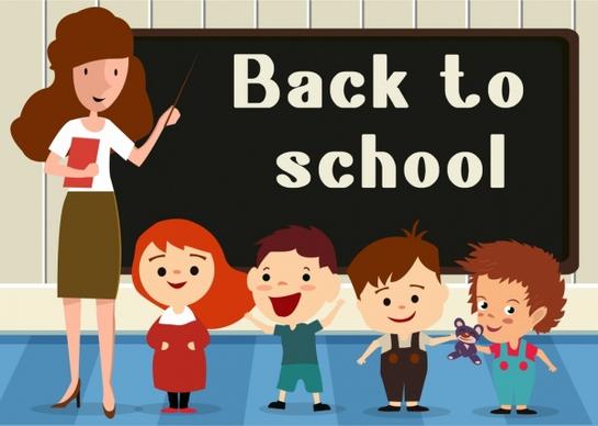 back to school banner teacher pupils backboard icons