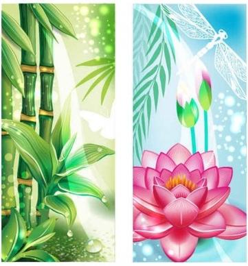 bamboo with flowers banners vectors