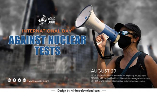 banner international day against nuclear tests template modern contrast blurred realistic design demonstrator speech sketch