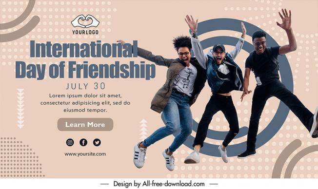 banner international day of friendship template happy excited men sketch dynamic realistic design 