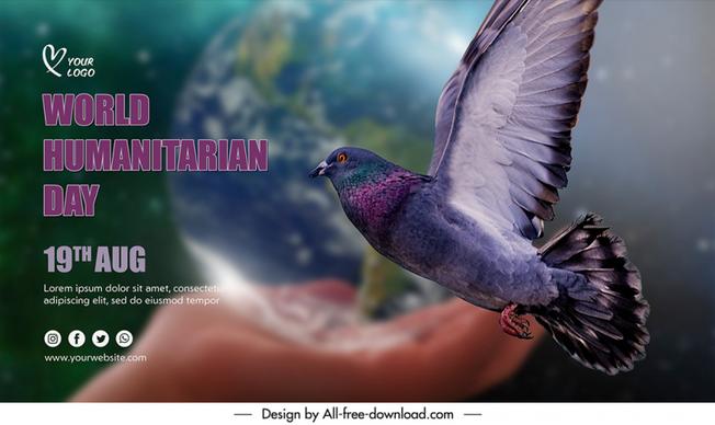 banner international world humanitarian day template hand holding earth pigeon sketch modern blurred realistic design 