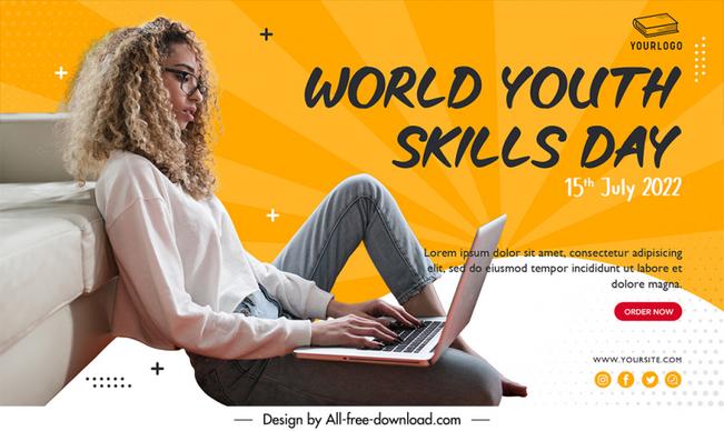 banner international world youth skills day template woman work from home sketch modern realistic design 