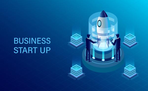 banner with business start up concept business success goal isometric illustration cartoon vector