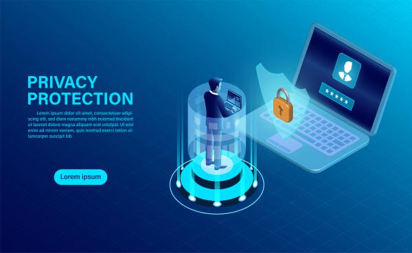 banner with businessman protect data and confidentiality on computer data protection and security are confidential flat isometric vector illustration
