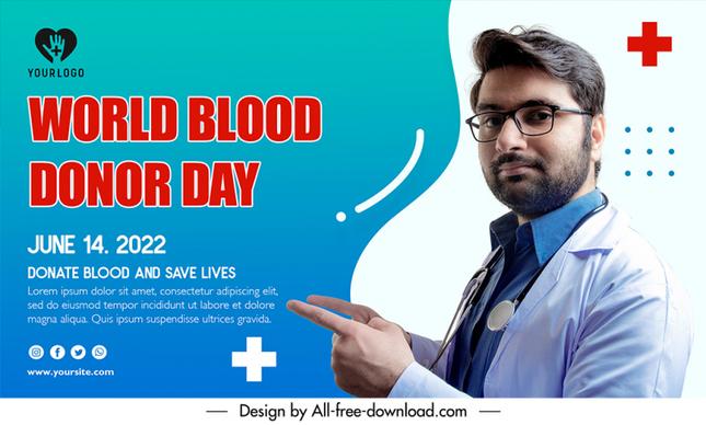 banner world blood donor day template male doctor cross sketch realistic modern design