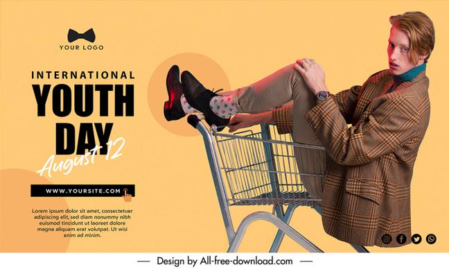 banner youth day template handsome young man sitting in trolley sketch modern realistic design 