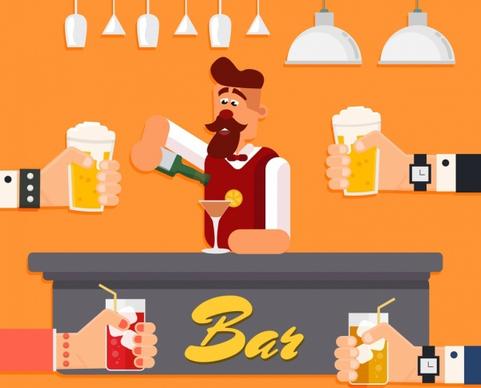 bar background bartender cheering hands icons colored cartoon
