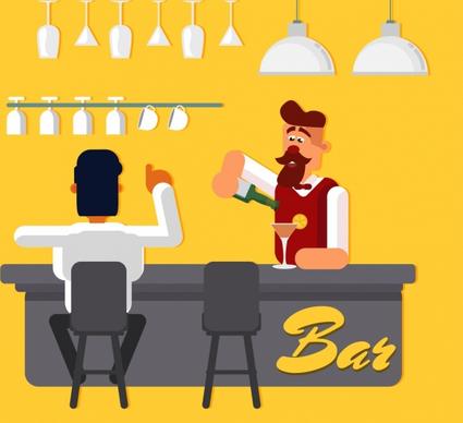 bar background bartender guest icons colored cartoon design