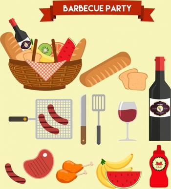 barbecue party design elements food basket wine icons