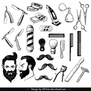 barber design elements black white tools hairstyle sketch
