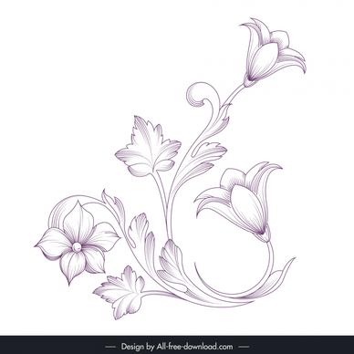 baroque vintage floral ornaments design elements handdrawn stylized ruellia simplex outline