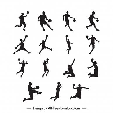 basketball players icons collection dynamic black silhouettes sketch