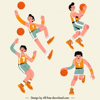 basketball players icons motion sketch cartoon characters