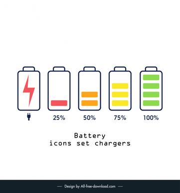 battery icons set chargers design elements flat modern sketch