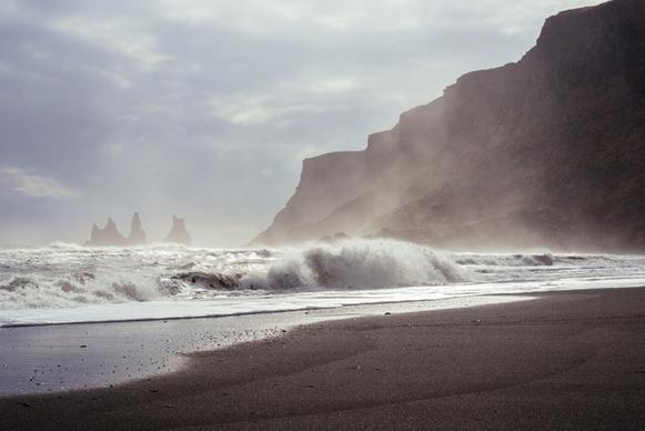 beach cliff landscape mist mountain ocean rock sand