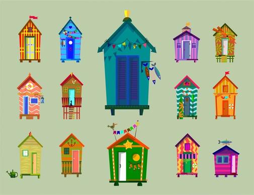 beach huts collection illustration in various colorful types