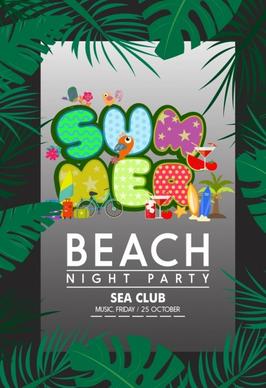 beach party banner colorful texts green leaves decoration