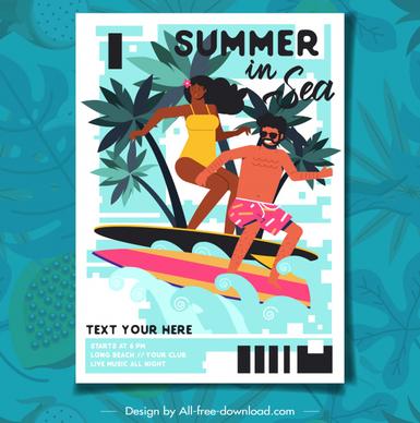 beach summer poster surfing couple icon cartoon characters