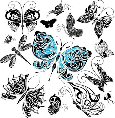 butterflies icons classical black white colored sketch
